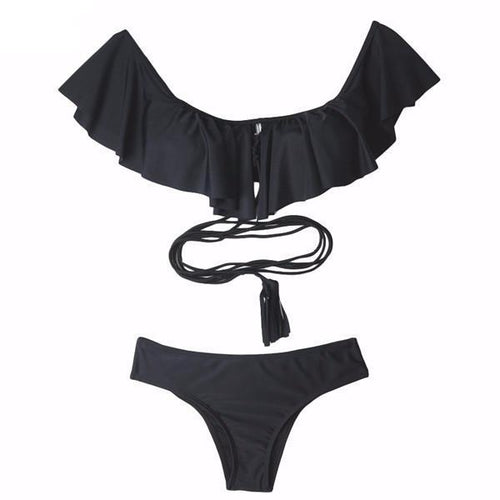 2 Piece Off Shoulder Ruffle Bikini Set - SexyBling