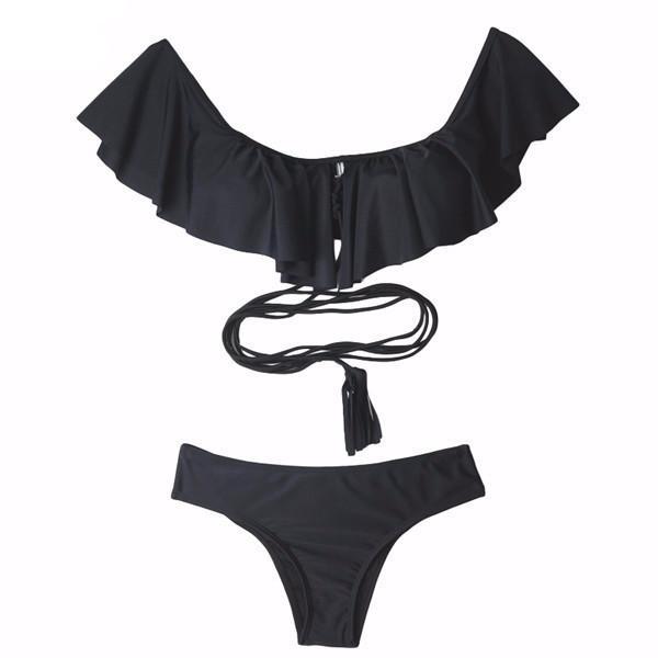 2 Piece Off Shoulder Ruffle Bikini Set - SexyBling