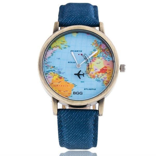 New Ladies Denim Global Travel Map Watch - SexyBling