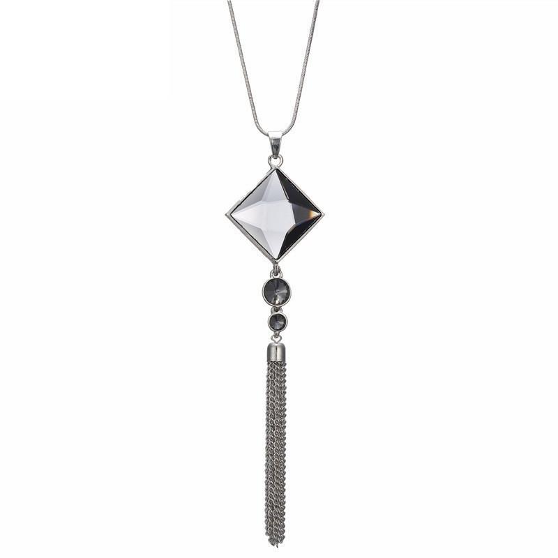 Square Crystal Long-tassel Necklace - SexyBling