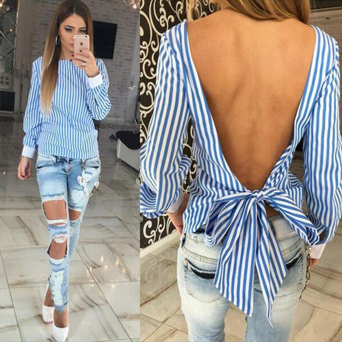 Back Bowknot Long Sleeve Blouse - SexyBling