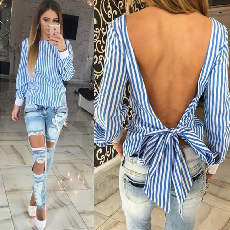 Back Bowknot Long Sleeve Blouse - SexyBling