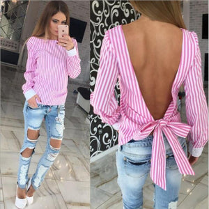 Back Bowknot Long Sleeve Blouse - SexyBling