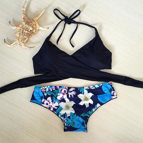 Bandage Bikini Set With Floral Bottom - SexyBling