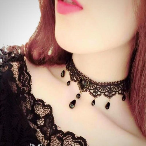 Black Lace Choker Necklace With Stones - SexyBling