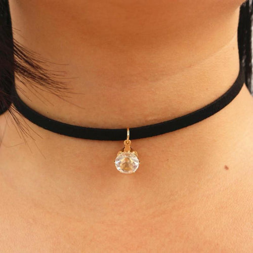 Black Leather Choker Necklace With Rhinestone - SexyBling