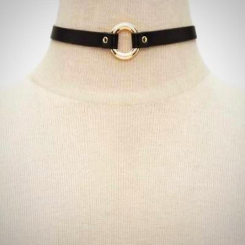 Black Round Leather Strap Choker Necklace - SexyBling