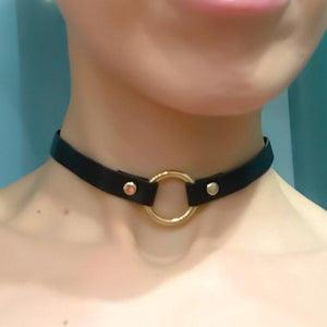 Black Round Leather Strap Choker Necklace - SexyBling