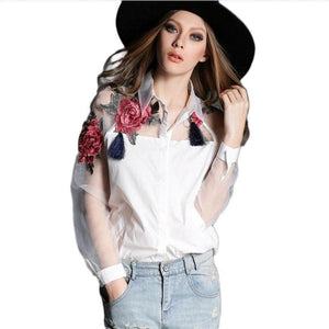 Glamorous Glitter Mesh Hollow Blouse - SexyBling