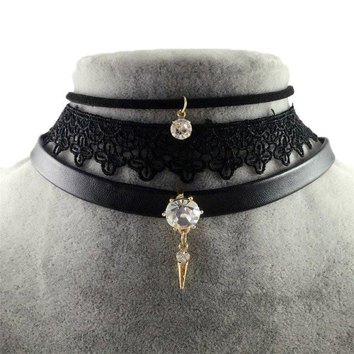 Danze Punk Leather Crystal Stone Lace Choker Necklace - SexyBling