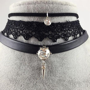 Danze Punk Leather Crystal Stone Lace Choker Necklace - SexyBling