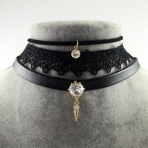 Danze Punk Leather Crystal Stone Lace Choker Necklace - SexyBling