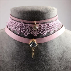 Danze Punk Leather Crystal Stone Lace Choker Necklace - SexyBling