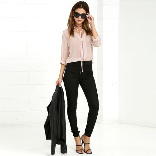 Long Sleeve Chiffon Neck Tie Blouse - SexyBling