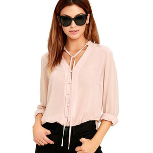 Long Sleeve Chiffon Neck Tie Blouse - SexyBling
