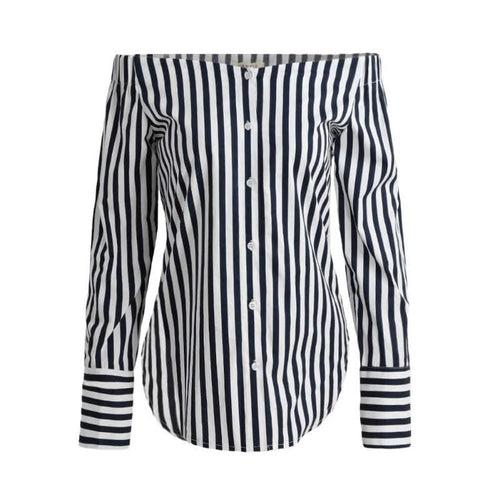 Long Sleeve Off Shoulder Stripe Shirt - SexyBling
