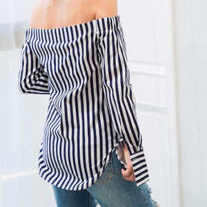 Long Sleeve Off Shoulder Stripe Shirt - SexyBling