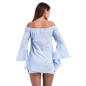 Long Sleeve Off Shoulder Stripe Shirt - SexyBling