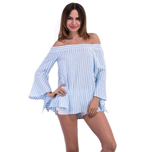 Long Sleeve Off Shoulder Stripe Shirt - SexyBling