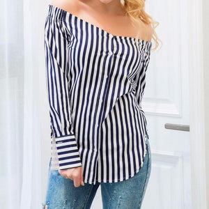 Long Sleeve Off Shoulder Stripe Shirt - SexyBling