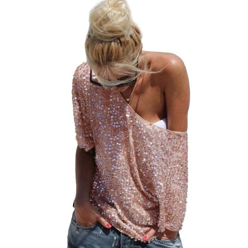 Loose Off Shoulder Sequin Blouse Top - SexyBling