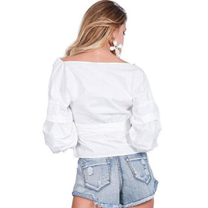 Off Shoulder Ruffle Shirt With Bow Tie - SexyBling