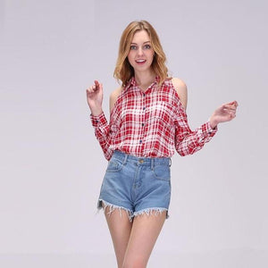 Retro Off Shoulder Plaid Top - SexyBling