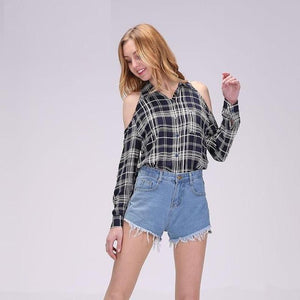 Retro Off Shoulder Plaid Top - SexyBling