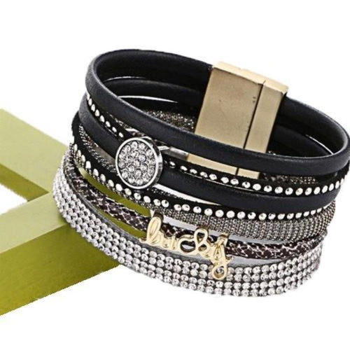 Multilayered Rhinestone Magnetic Leather Bracelets - SexyBling