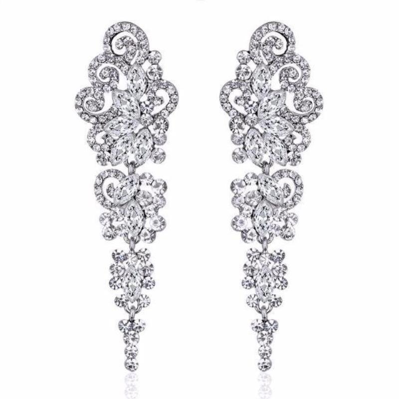 Silver Crystal Long Earrings for Women - SexyBling