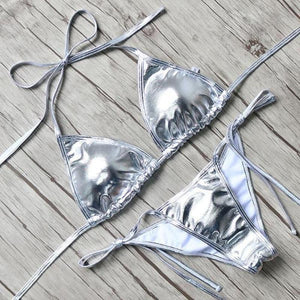 Two Piece Metallic Bikini Swimwear With Side Tie - SexyBling