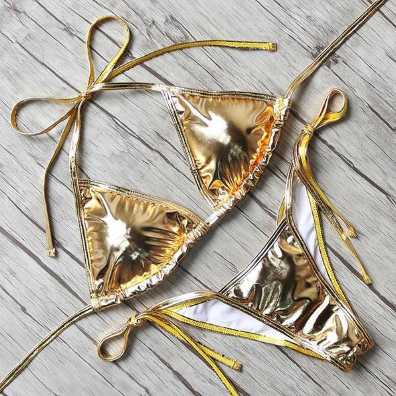 Two Piece Metallic Bikini Swimwear With Side Tie - SexyBling