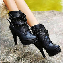 Load image into Gallery viewer, Women's High Heel Lace Up Boots With Leather Straps - SexyBling