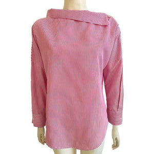 Women's Long Sleeve Striped Blouse Curved Collar - SexyBling