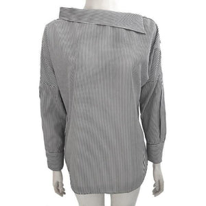 Women's Long Sleeve Striped Blouse Curved Collar - SexyBling