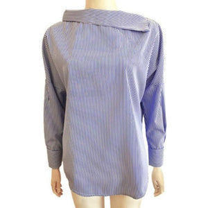 Women's Long Sleeve Striped Blouse Curved Collar - SexyBling
