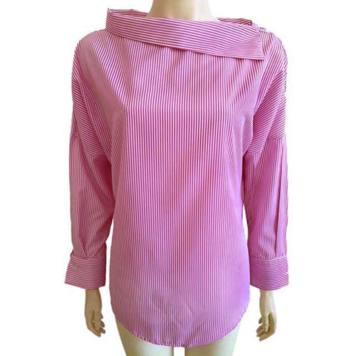 Women's Long Sleeve Striped Blouse Curved Collar - SexyBling