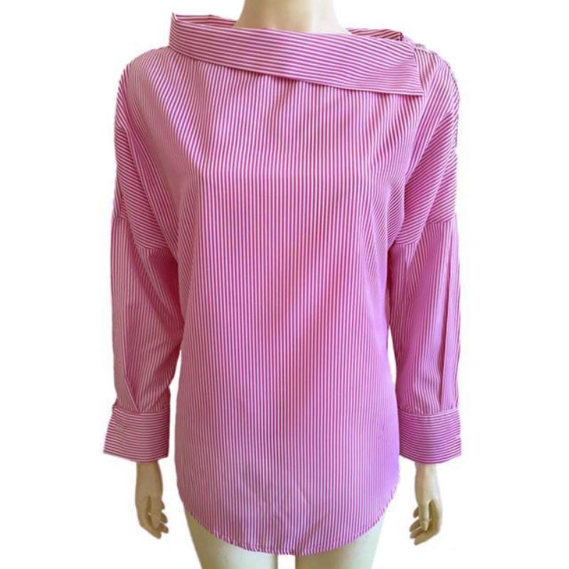 Women's Long Sleeve Striped Blouse Curved Collar - SexyBling