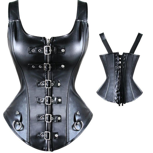 Feisty Leather Steel Boned Bondage Corset - SexyBling