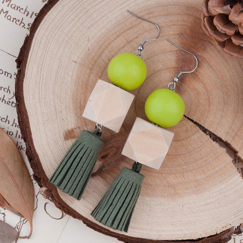 Square-Round Wood Beads Tassels Earrings - SexyBling