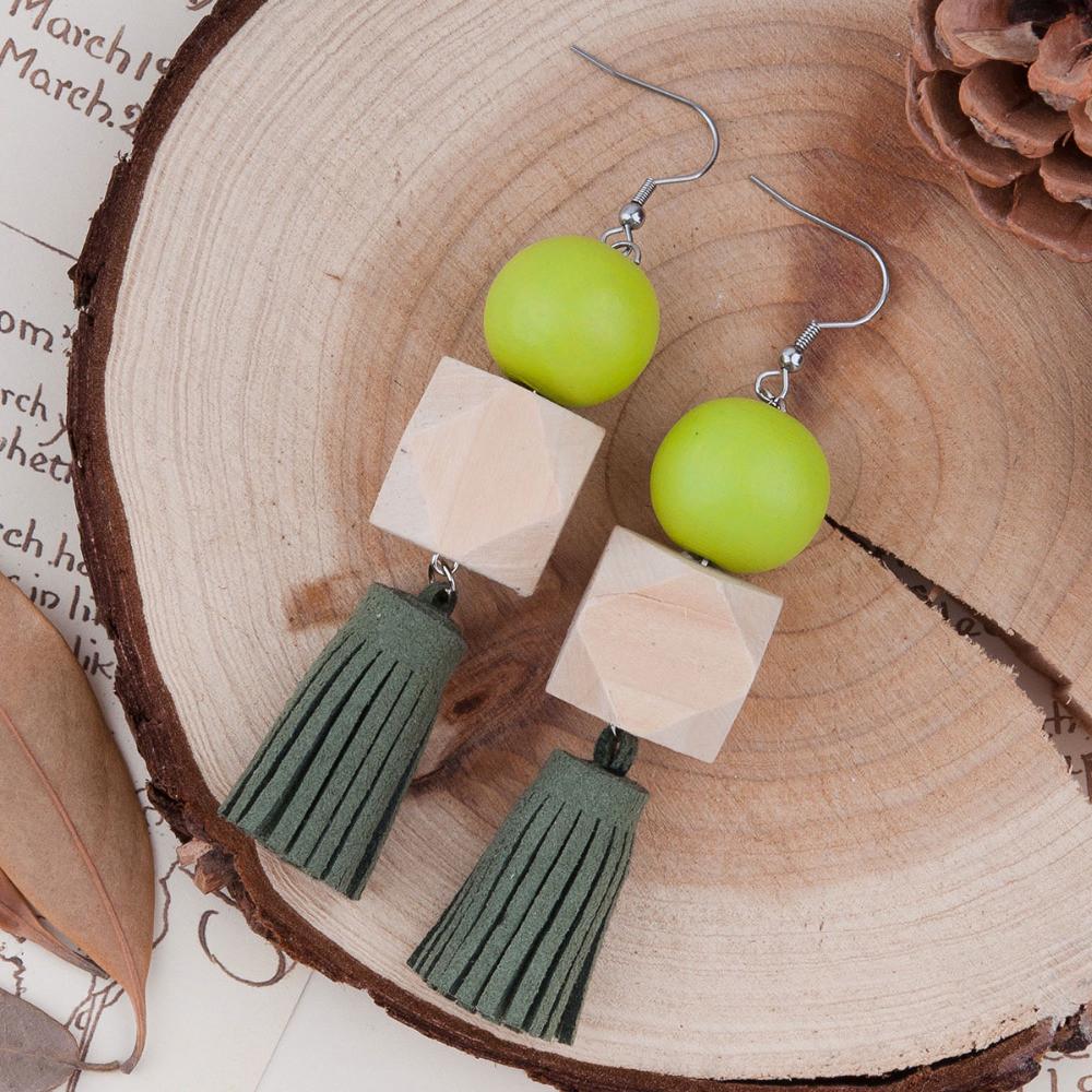 Square-Round Wood Beads Tassels Earrings - SexyBling