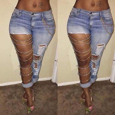 Dominant Distressed Chain Denim Jeans - SexyBling
