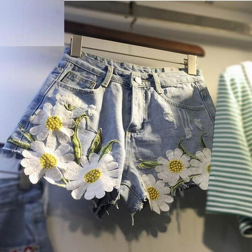 Pretty Denim flower High Waist Denim Shorts - SexyBling