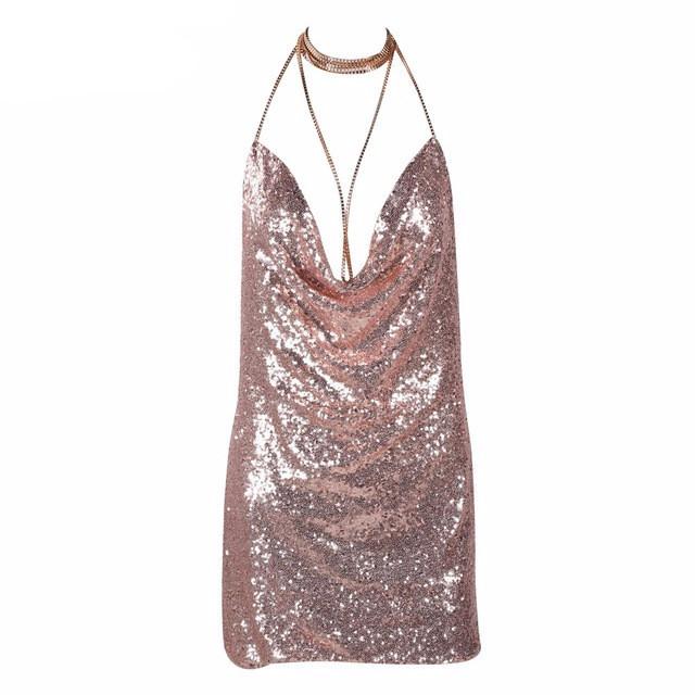 Sexy Sequined Backless Deep- V Dress - SexyBling