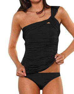 Casual One Shoulder Ruched Tankini - SexyBling