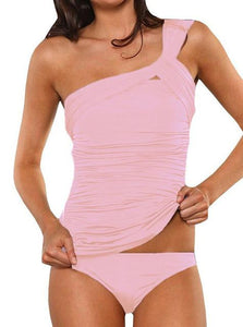 Casual One Shoulder Ruched Tankini - SexyBling