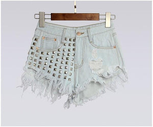 Ripped Rivet Tassel Punk Denim Shorts - SexyBling