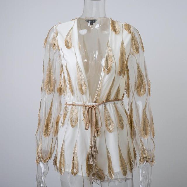 Flirtactious Feather Sash V Neck Romper - SexyBling