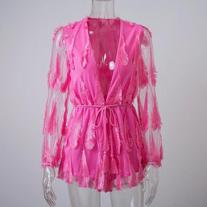 Flirtactious Feather Sash V Neck Romper - SexyBling