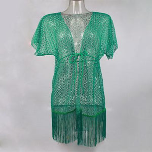 Sexy Hollow Lace Crochet Tassel Cover Up - SexyBling